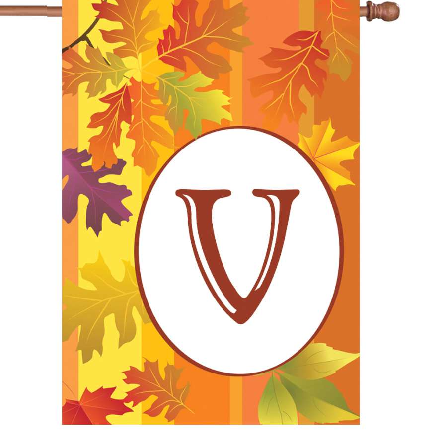 28 in. Fall Monogram Flag - V displayed on an outdoor pole, featuring a vibrant seasonal design in warm autumn colors.