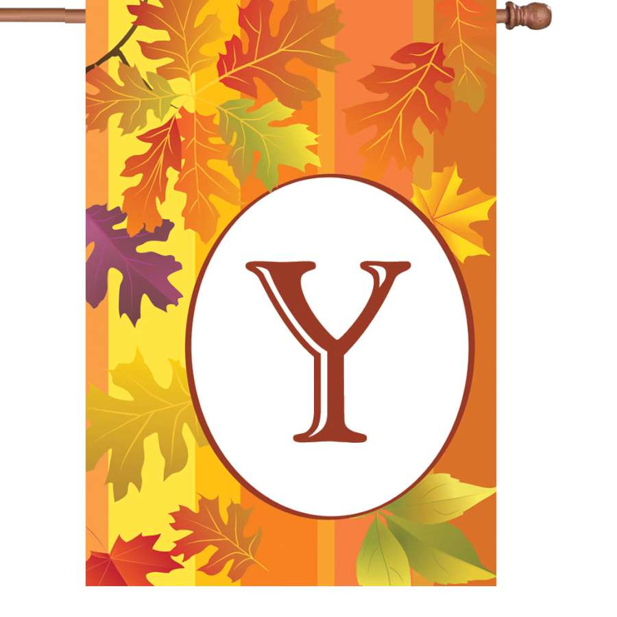 28 in. Fall Monogram Flag - Y displayed elegantly on a house mount, featuring vibrant fall colors and a custom monogram design.