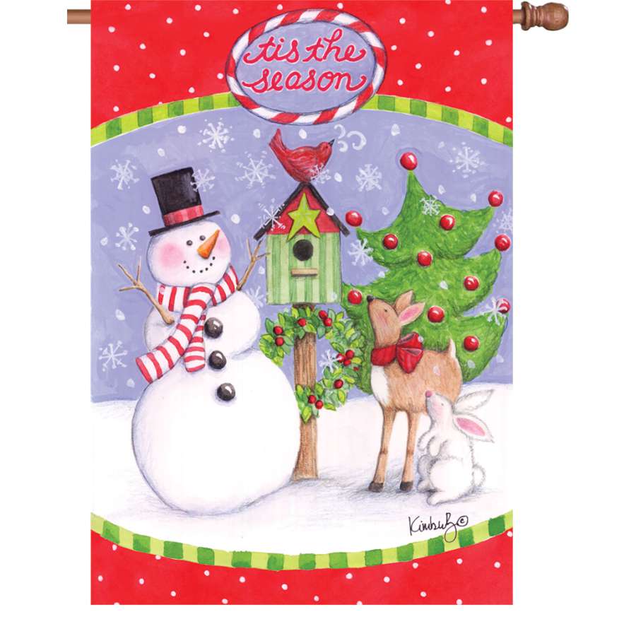 28-inch outdoor flag featuring festive designs on PremierSoftTM fabric displayed on a home flagpole, swaying gently in the wind.