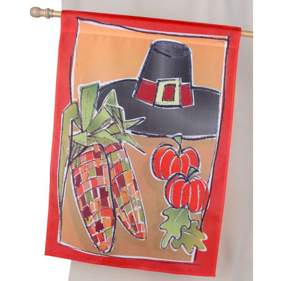 28 in. Flag - First Thanksgiving featuring vibrant autumn designs, illuminated for nighttime display, showcasing pumpkins and fall themes.