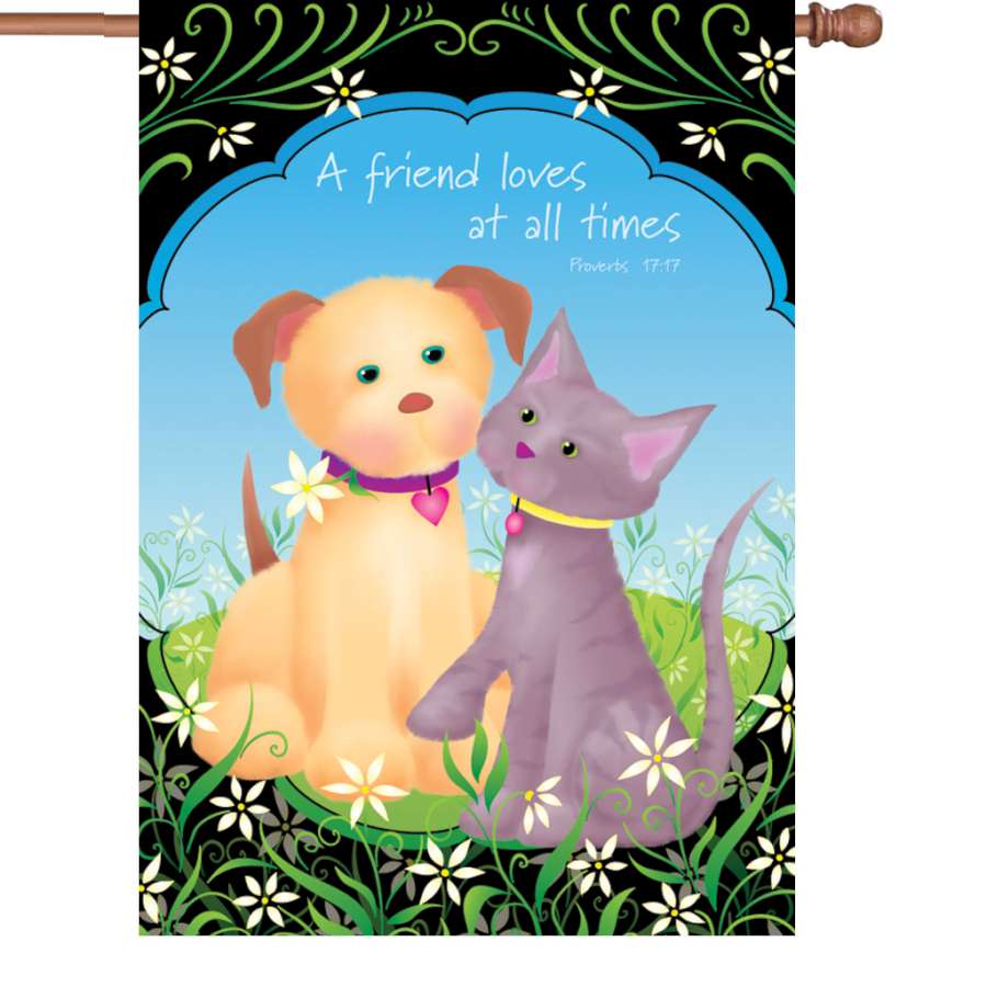 28 in. flag with 'A Friend Loves at All Times' message, showcasing vibrant colors in a garden setting as part of outdoor decor.