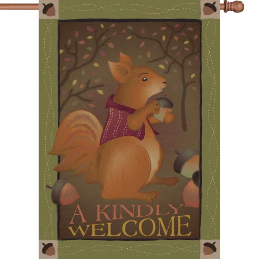 28 in. Flag - A Kindly Welcome, featuring autumn colors and welcoming designs displayed on a flagpole in front of a house.