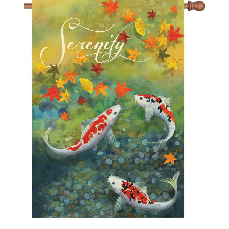 28 in. Flag - Autumn Pond featuring serene autumn water garden imagery, displayed outdoors on a garden flag pole.