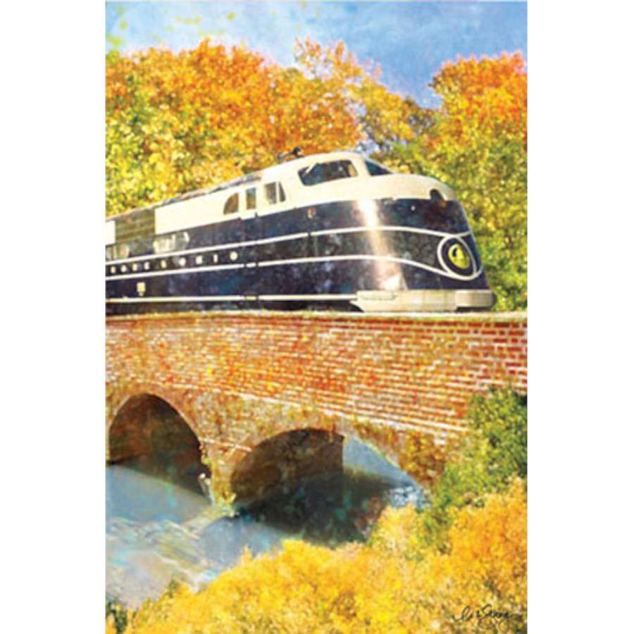 28 in. B&O Autumn Train flag showcasing vibrant fall colors and illuminated design, displayed on a flagpole in a garden setting.