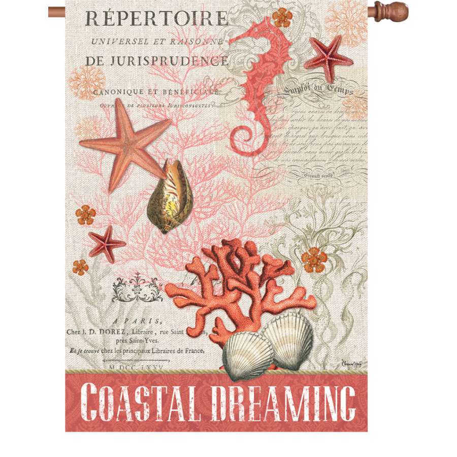 28 in. Coastal Dreaming house flag featuring vibrant dye-sublimated text and imagery, designed for outdoor display in summer settings.