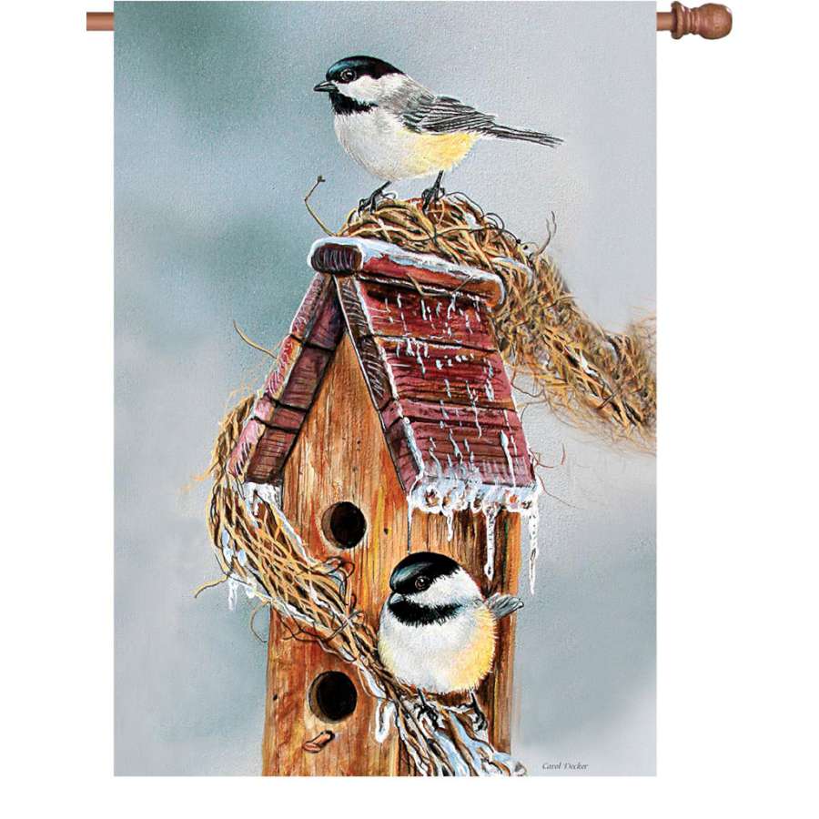 28 in. house flag showcasing a vibrant early birds design featuring chickadees, illuminated and displayed in a garden setting.
