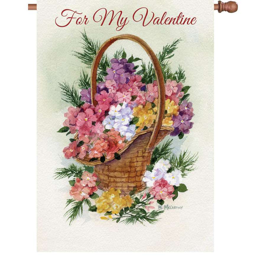 28 in. Flag - For My Valentine featuring a heartfelt design on spacious garden flag, fluttering softly in the breeze outdoors.