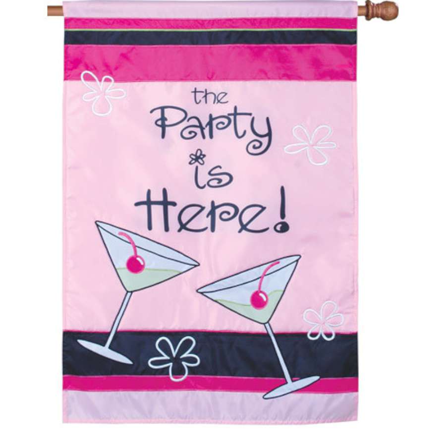 28 in. Flag - Girls Night In with 'The Party is Here!' text displayed on an outdoor pole, ideal for festive gatherings.