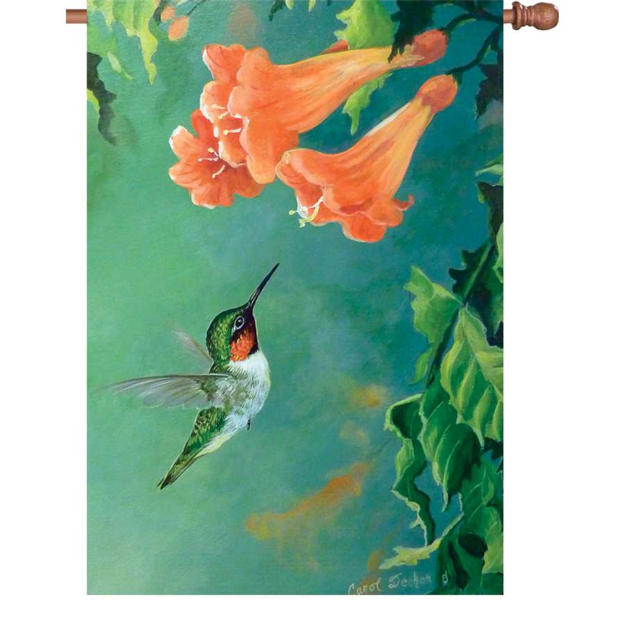 28 in. Hummingbird and Trumpet Vine flag displayed on a house flag pole, featuring vibrant colors and illumination for decorative outdoor appeal.
