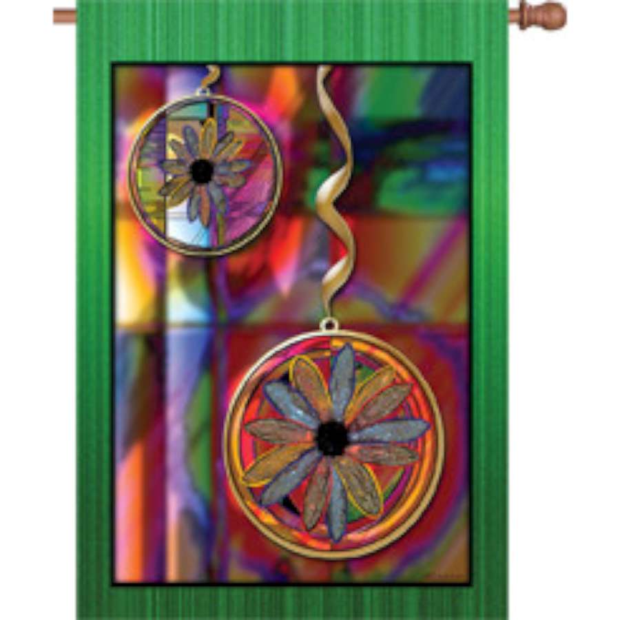 28 in. Flag - Jewel Ornaments featuring colorful jewel designs displayed outdoors during winter, enhancing the festive atmosphere.