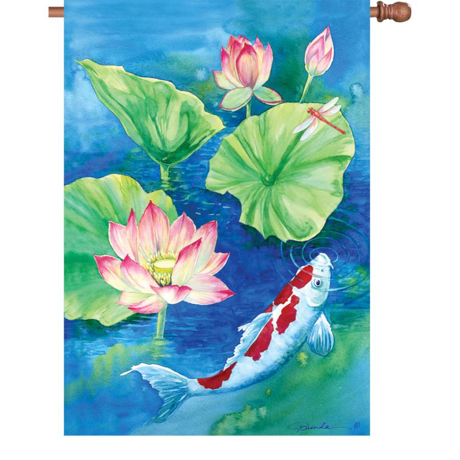 Illuminated 28 in. Flag featuring a vibrant koi design, made from durable polyester and displayed in a beautifully landscaped outdoor setting.