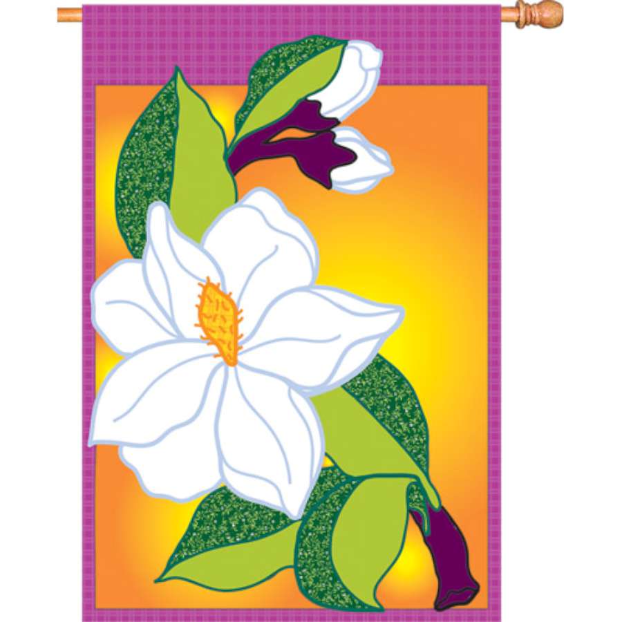 28 in. Flag - Magnolia featuring a vibrant magnolia flower design displayed on a garden flagpole in an outdoor setting.