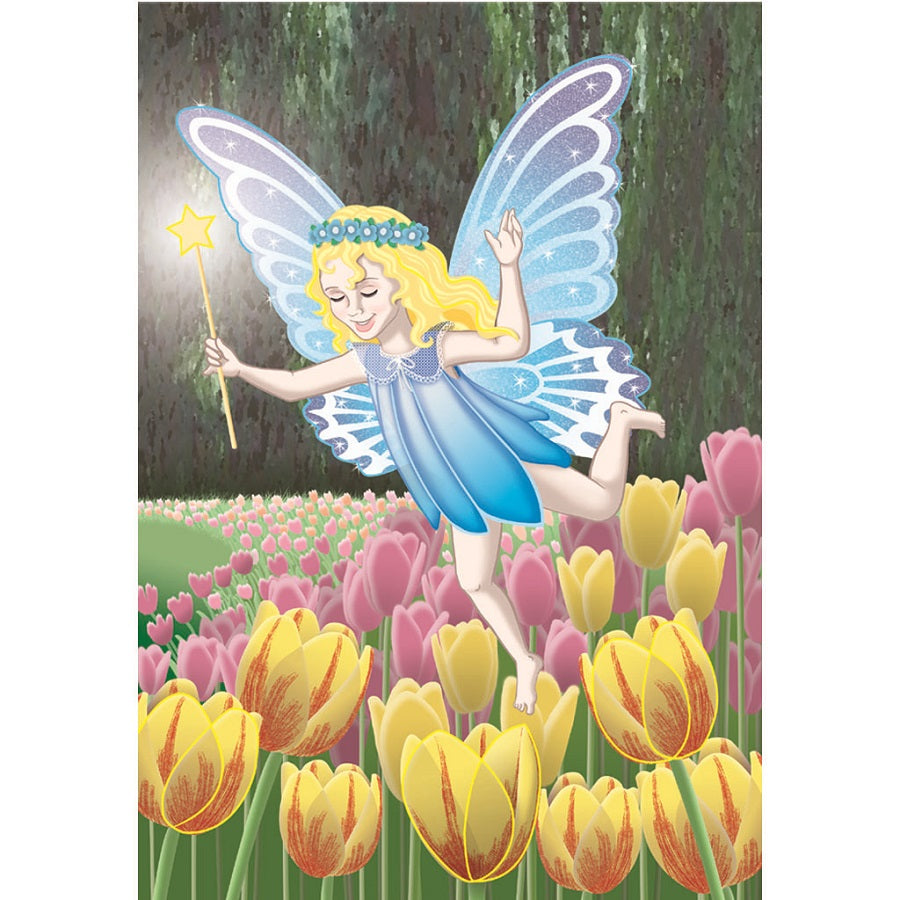 28 in. Flag - Minuet In Spring featuring vibrant floral designs displayed on a flagpole in an outdoor garden setting.