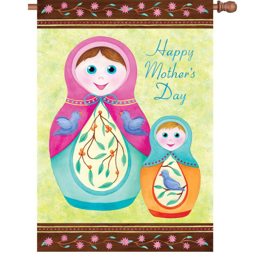 28 inch house flag featuring 'Mom's Mini Me' design for Mother's Day, made from soft PremierSoft fabric, displayed outdoors with vibrant colors.