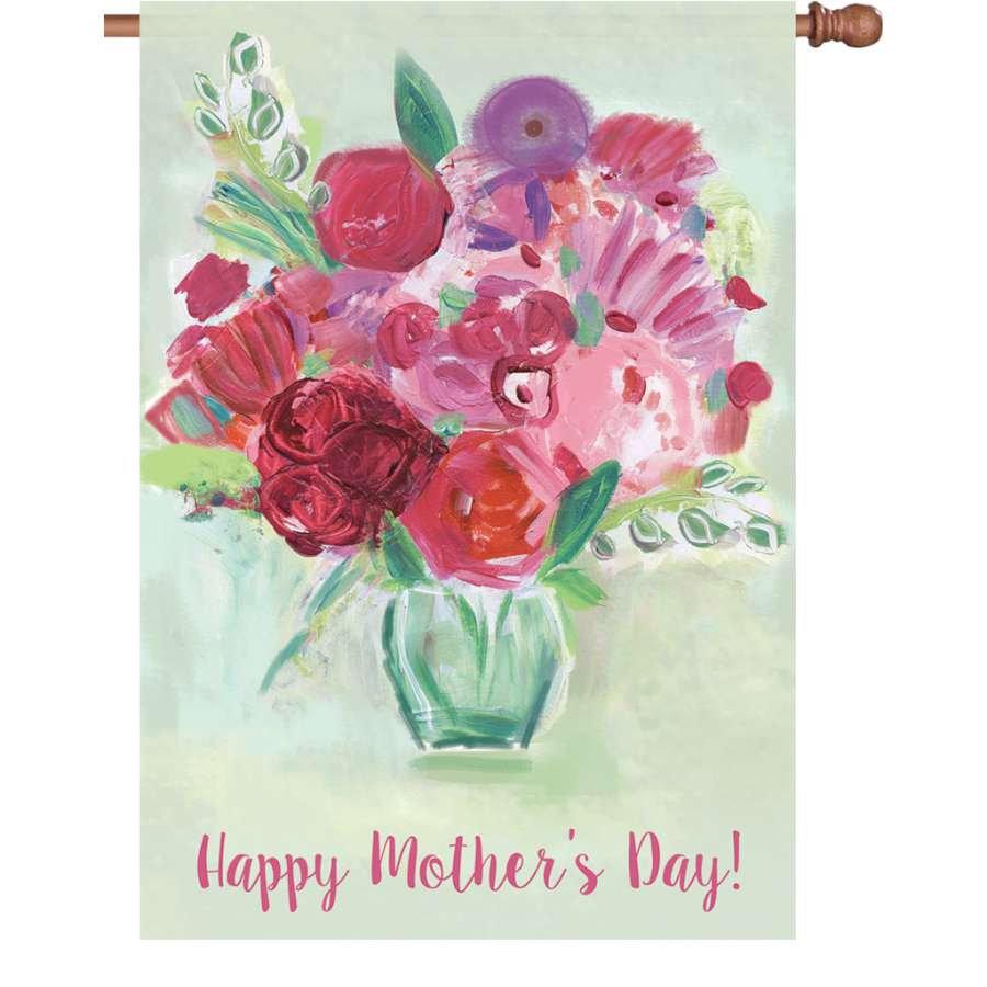 28 in. Mother's Day bouquet flag with soft fabric displaying 'Happy Mother's Day!' in a colorful floral design, fluttering in the wind outdoors.