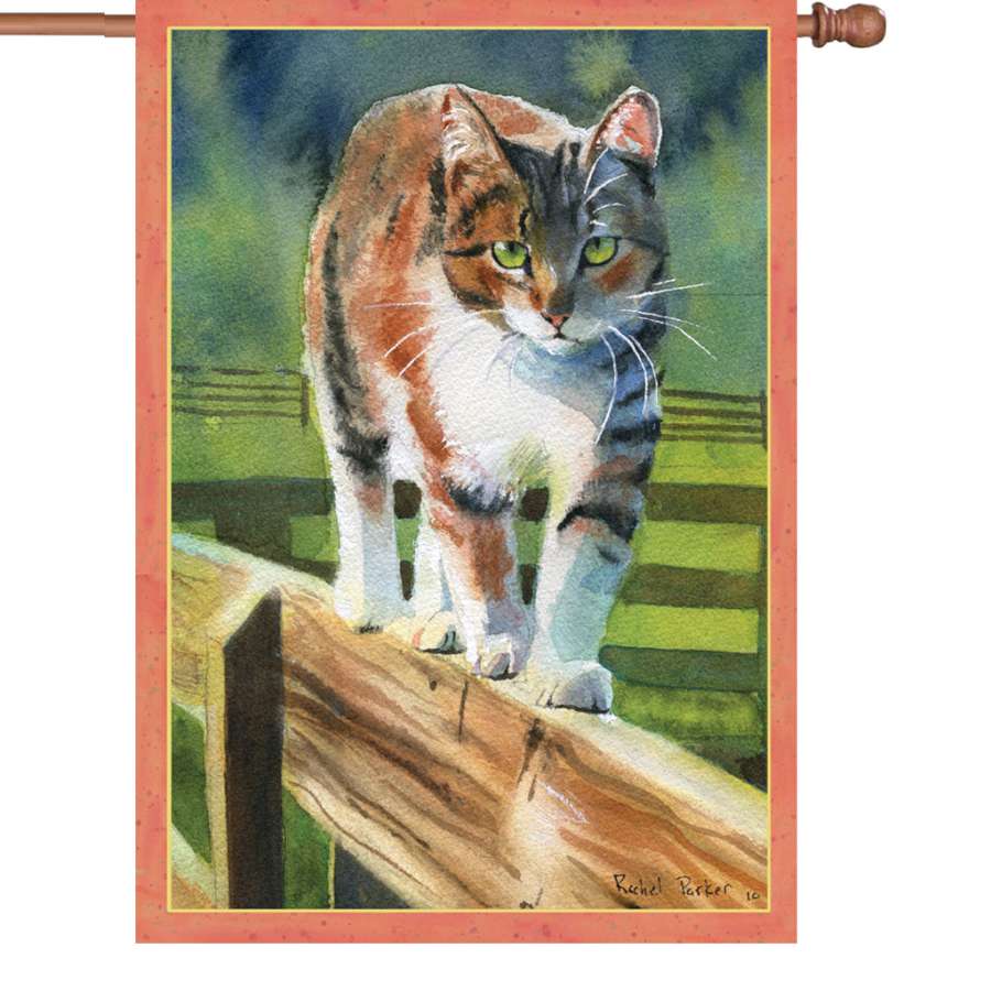 28 in. illuminated flag featuring playful cat design, displaying vibrant colors and durable polyester fabric in an outdoor setting.