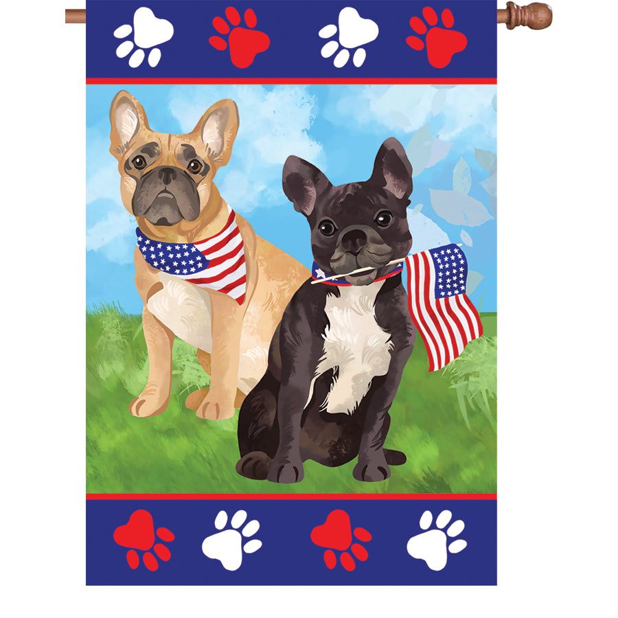 28 in. illuminated flag featuring colorful Patriotic Pups design, prominently displayed in a garden setting during daylight.