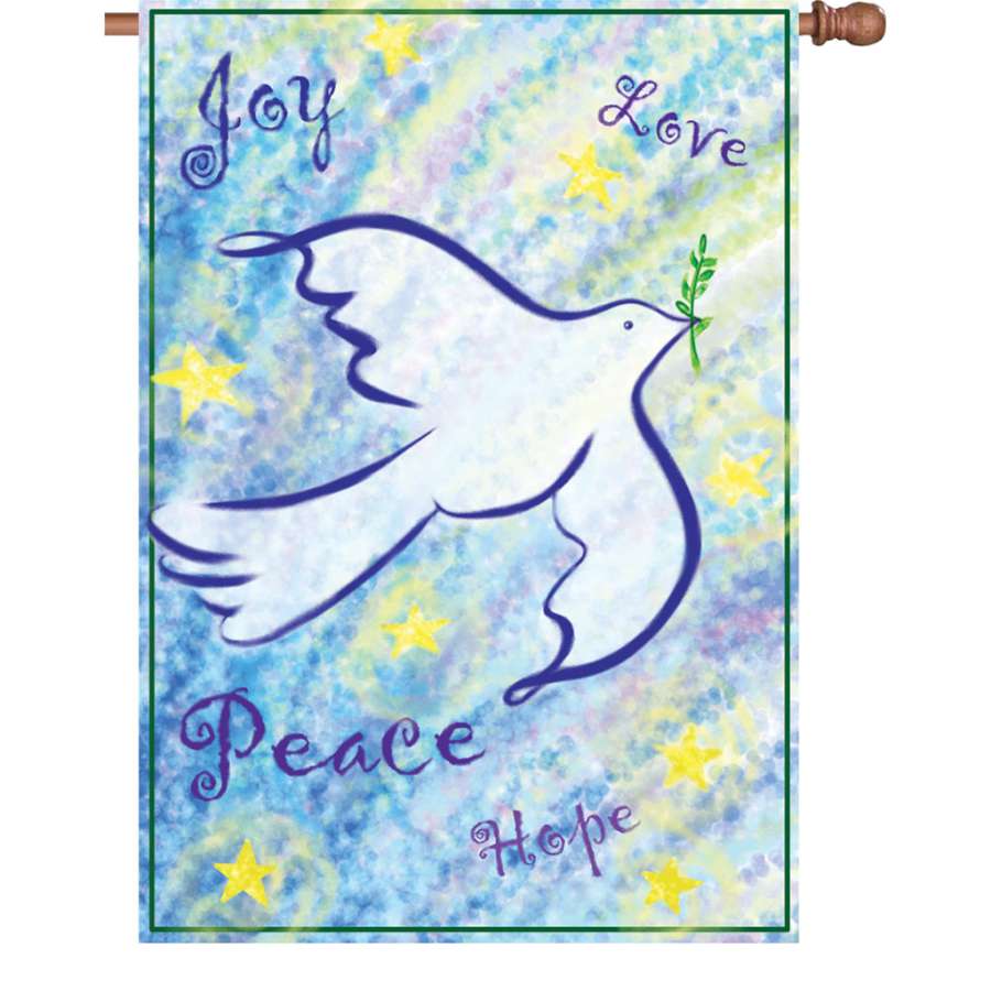 28 in. house flag displaying 'Joy', 'Love', 'Peace', and 'Hope', designed to uplift winter holiday decor in an outdoor setting.