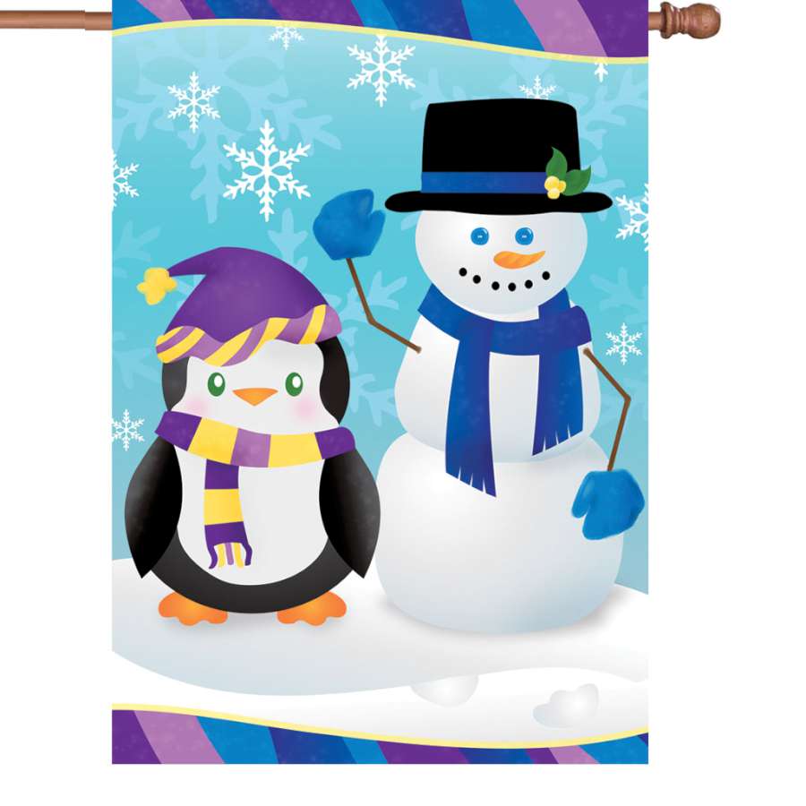 28 inch house flag depicting a cute penguin design, vibrant and weather-resistant, suitable for winter outdoor display.