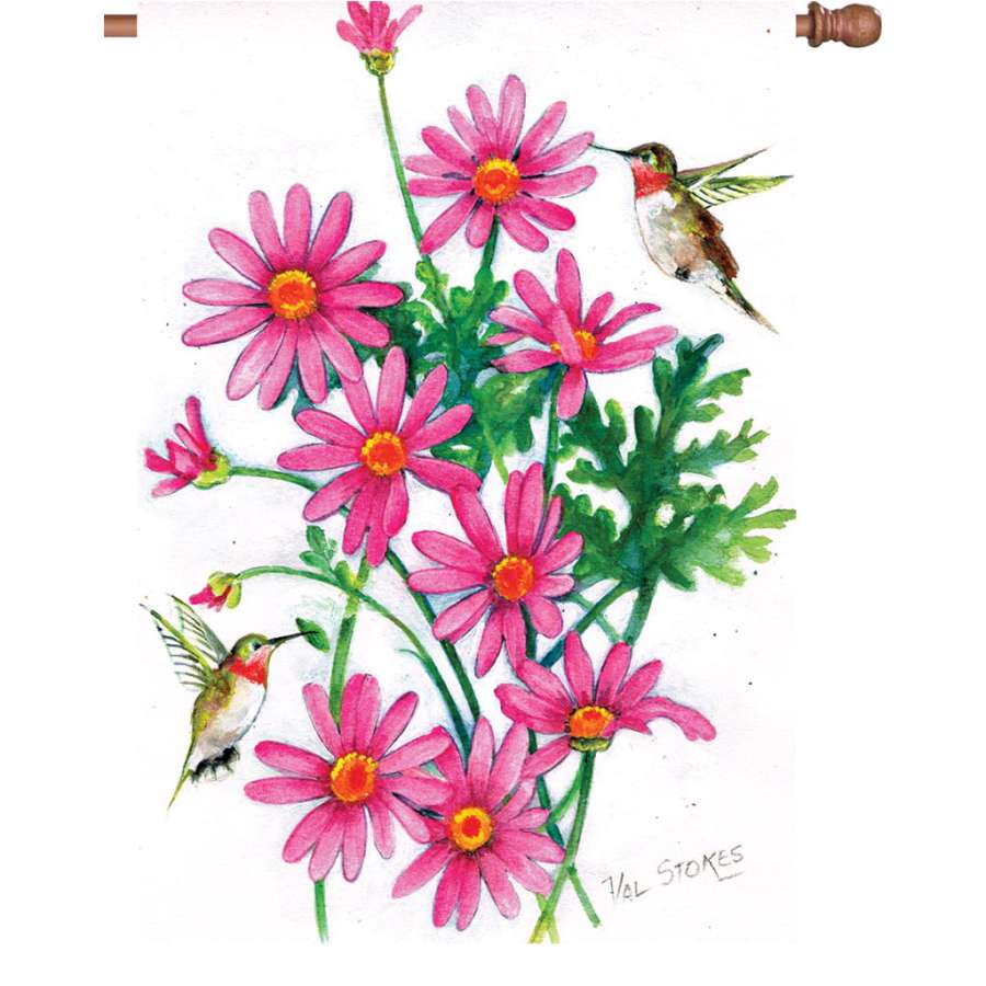 28 in. Flag - Pink Daisies displayed on a flag stand in a garden, featuring bright pink daisies and a radiant design perfect for outdoor decor.