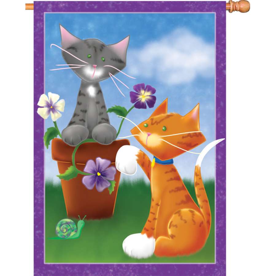 28 in. Playful Kitties house flag featuring playful kittens in cheerful colors displayed on a flagpole in a garden setting.