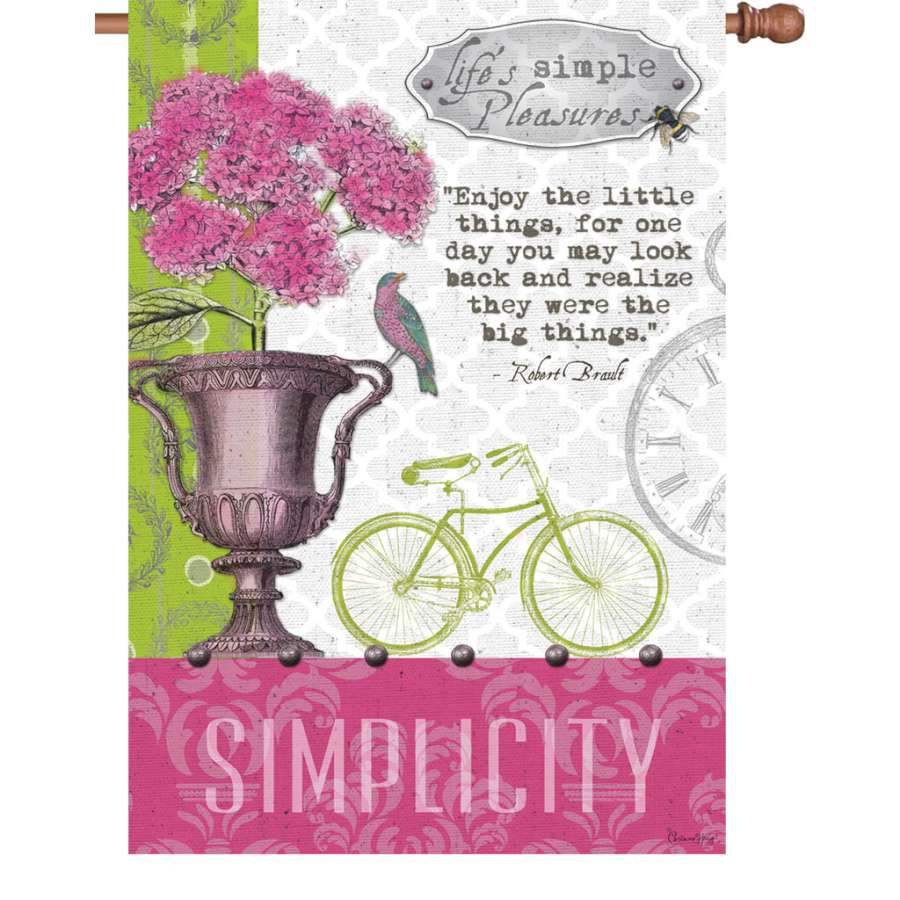 28 in. Flag - Simple Pleasures with inspirational text on both sides, made of velvety soft PremierSoft fabric, displayed in a garden setting.