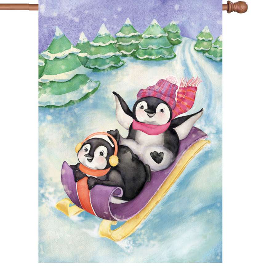 28 in. sledding fun house flag displaying vibrant winter imagery, freshly illuminated for cheerful outdoor decoration.