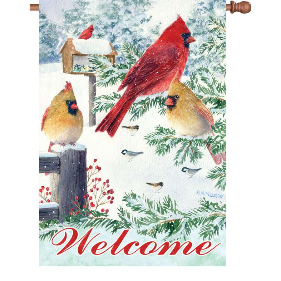 28 in. house flag featuring Snow Flurry Cardinals design, displaying vibrant red birds against a snowy backdrop in winter setting.