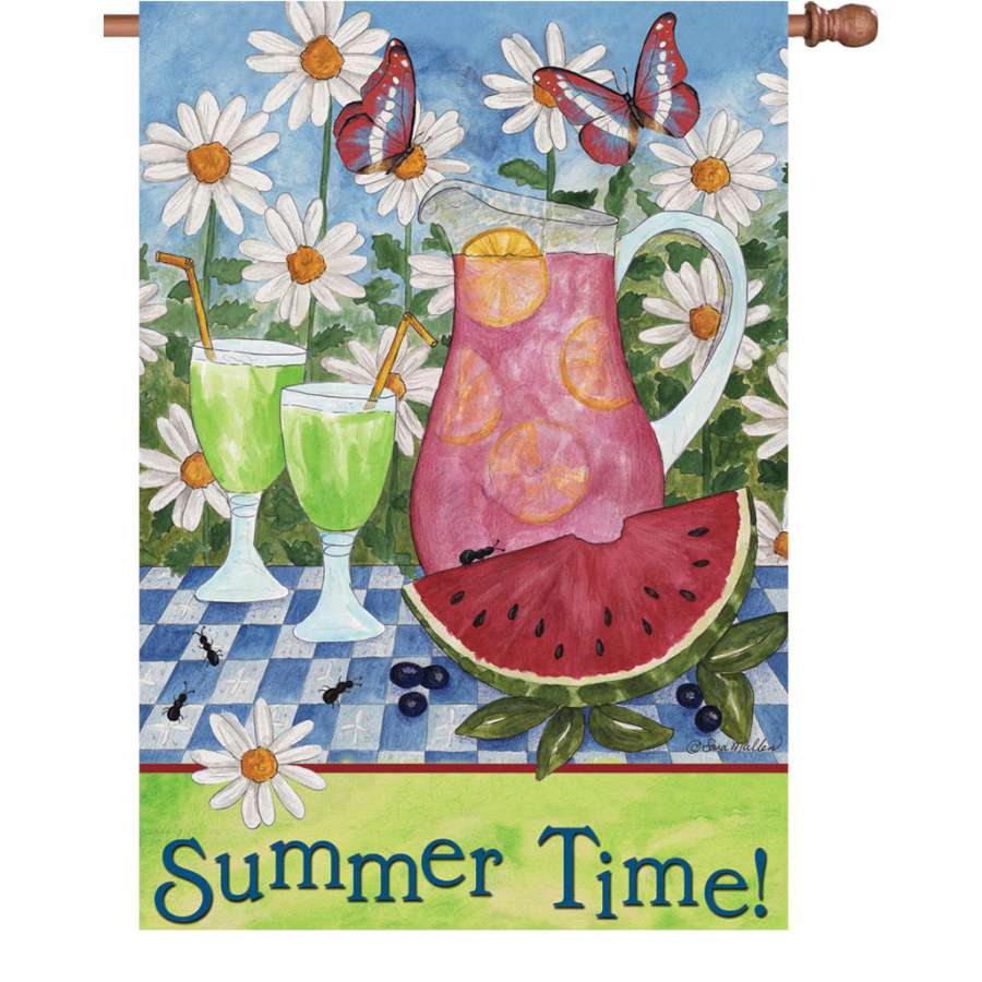 28 in. Flag - Summer Cool featuring a vibrant 'Summer Time!' message displayed on a flag pole, swaying gently in the summer breeze.