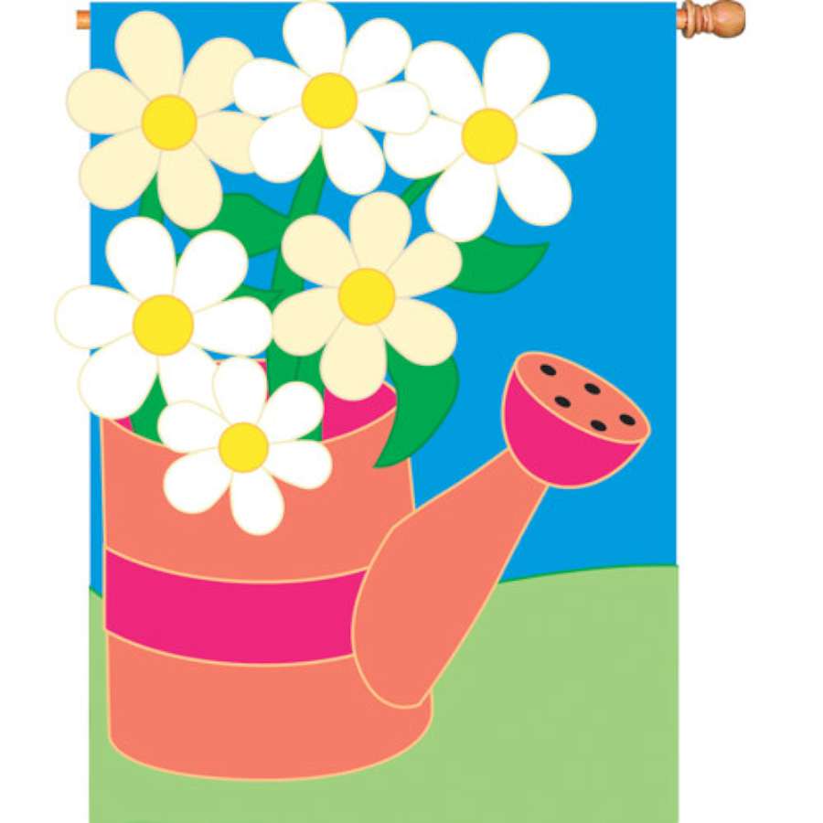 28 inch Summer Daisies house flag with bright applique daisies displayed on a flagpole against a sunny backdrop.