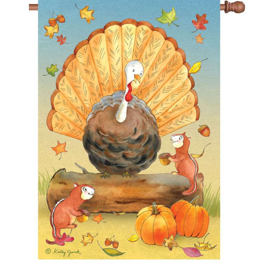 Illuminated 28 in. Turkey & Friends house flag displaying cheerful turkeys and autumn designs, ready for Thanksgiving celebrations outdoors.