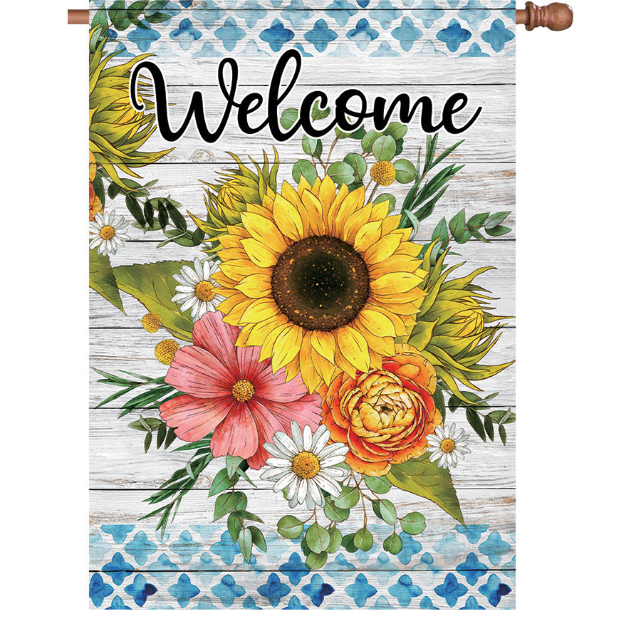 28 in. Flag - Welcome Flowers displayed on an outdoor flagpole, featuring a colorful floral design and a welcoming message, ideal for enhancing home decor.
