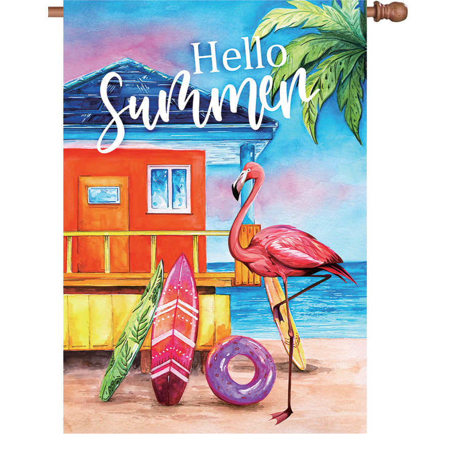 28 in. Flamingo Beach flag featuring tropical flamingos and bright colors, gently swaying in the wind, welcoming summer outdoors.
