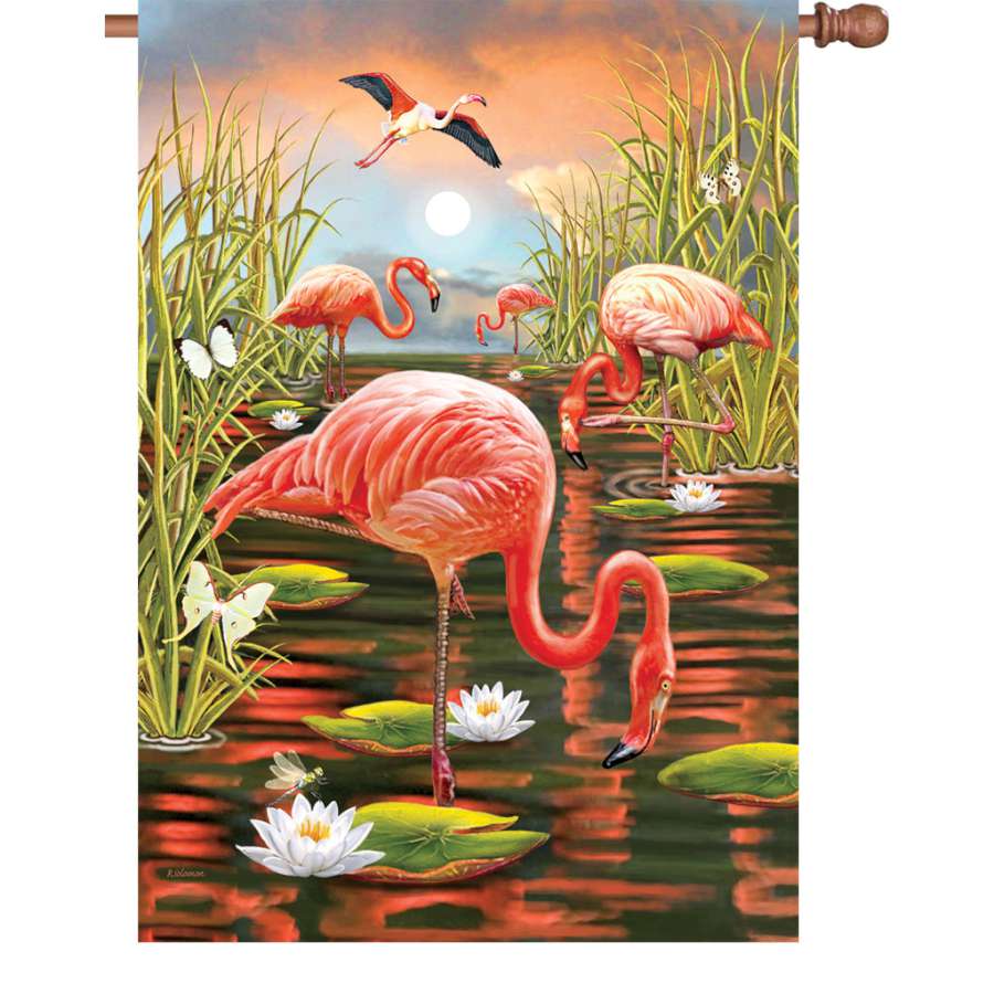 28 inch Flamingo Sunset house flag featuring a vibrant flamingo design against a colorful sunset, illuminated for night display.