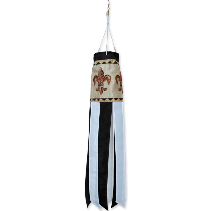 28 in. Fleur De Lis windsock fluttering in the wind, showcasing vivid colors and classic design, enhancing outdoor beauty in a garden setting.