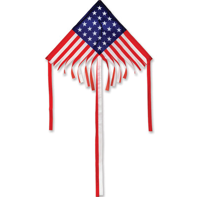 28 in. Fringe Delta Kite featuring colorful design, shown soaring in a blue sky with streamer tails trailing behind, ready for outdoor fun.
