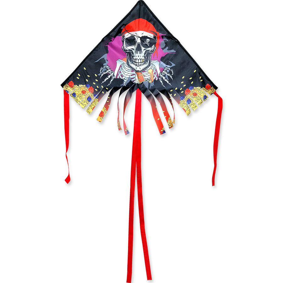 28 in. Fringe Delta Kite - Pirate soaring in a clear blue sky, showcasing its vibrant colors and streamer tails, perfect for outdoor fun.