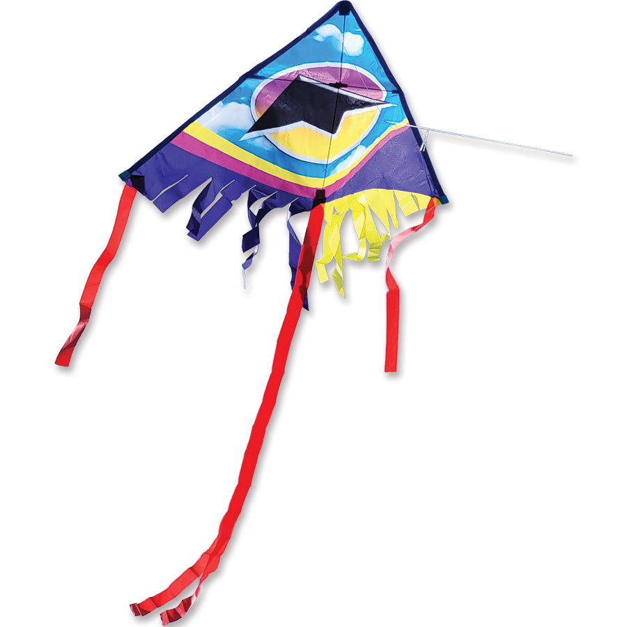 28 in. Fringe Delta Kite by Premier Kites, colorful ripstop polyester design flying against a blue sky with streamer tails.