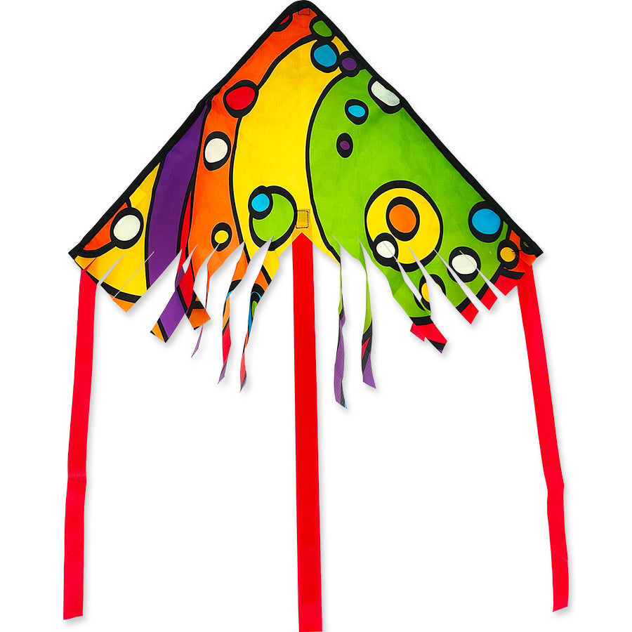 28 in. Fringe Delta Kite - Rainbow Orbit soaring high against a blue sky, showcasing its colorful design and streamer tails.