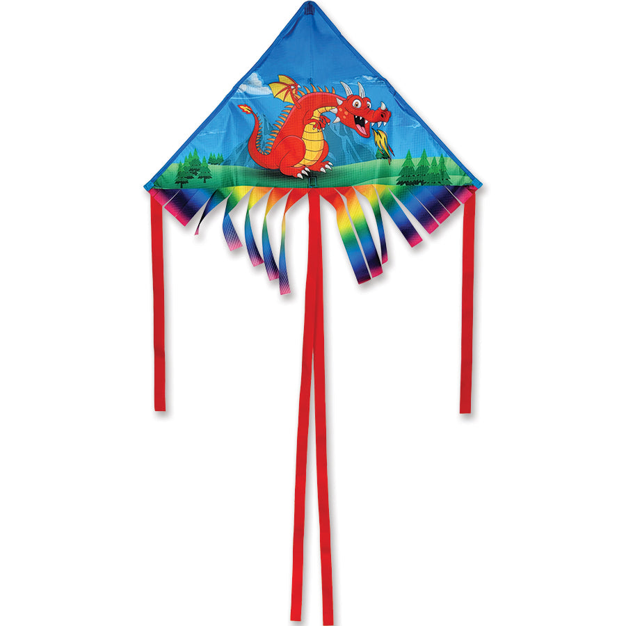 28 in. Fringe Delta Kite - Red Dragon with durable ripstop polyester and fiberglass frame, perfect for family fun and outdoor activities.