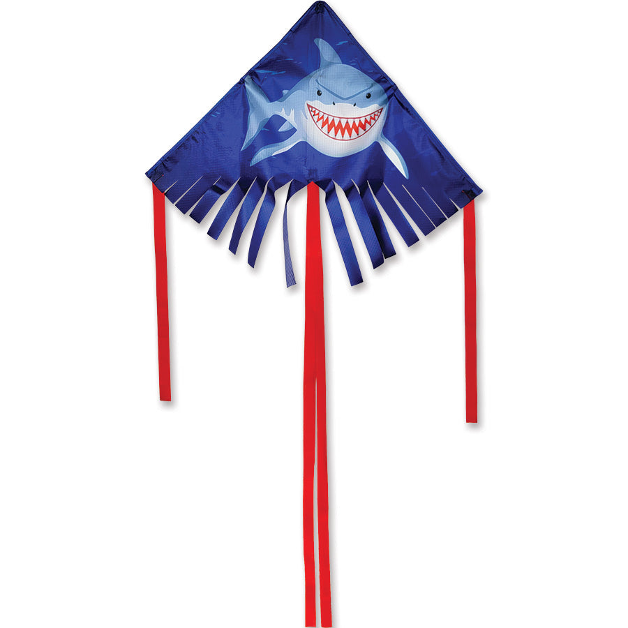 28 in. Fringe Delta Kite - Shark, colorful kite soaring in the sky against a background of blue, featuring vibrant details and streamer tails.
