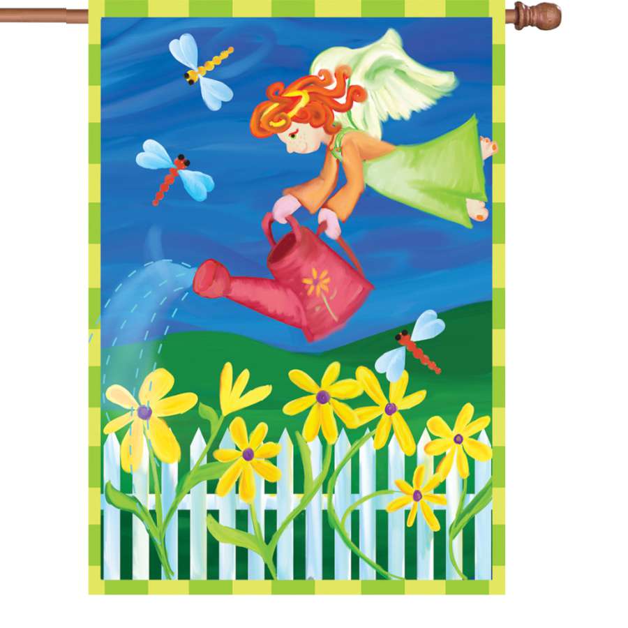 28 in. Garden Angel flag featuring a beautiful angel design, displayed on a pole in a vibrant outdoor garden setting.