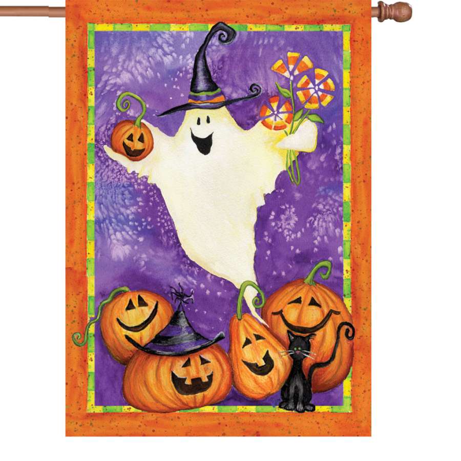 28 in. Ghostly Gifts flag featuring a whimsical ghost design, displayed on a flag pole against a fall backdrop in a front yard setting.