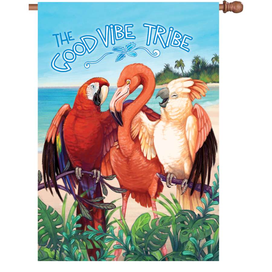 Vibrant 28 in. Good Vibe Tribe flag made from PremierSoft(TM) fabric, displaying positive message on both sides, waving gently in the breeze in a garden.