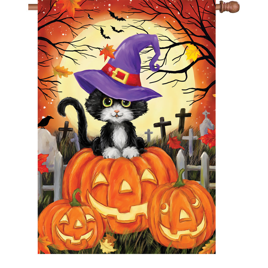 28 in. illuminated Halloween Cat flag showing a whimsical black cat design, displayed on a flagpole against autumn foliage.