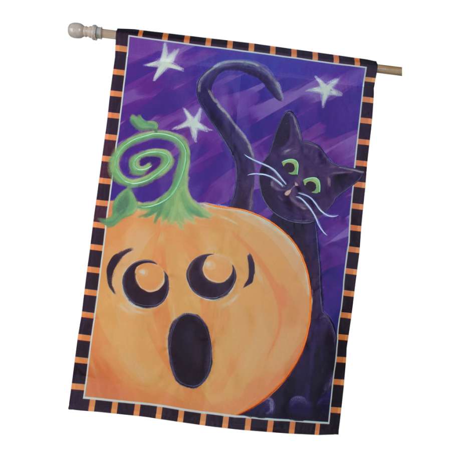 28 in. Halloween Surprise house flag with colorful Halloween designs displayed in a front yard during the fall season.