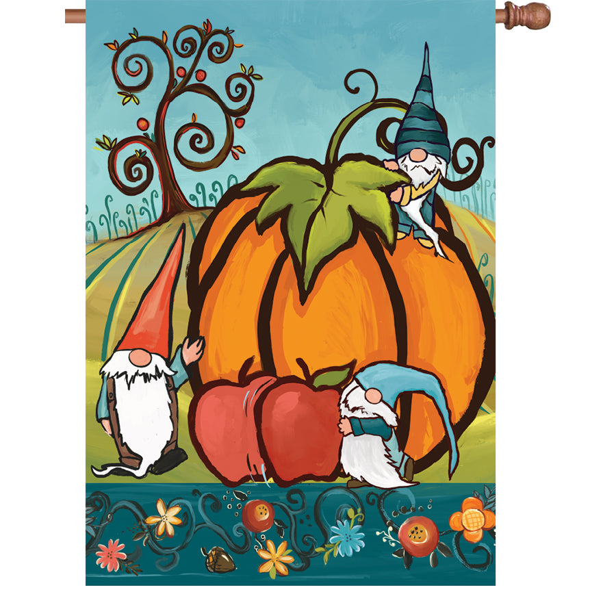 28 in. Harvest Gnomes illuminated flag with colorful gnome designs displayed on a flagpole in an autumn-themed garden.