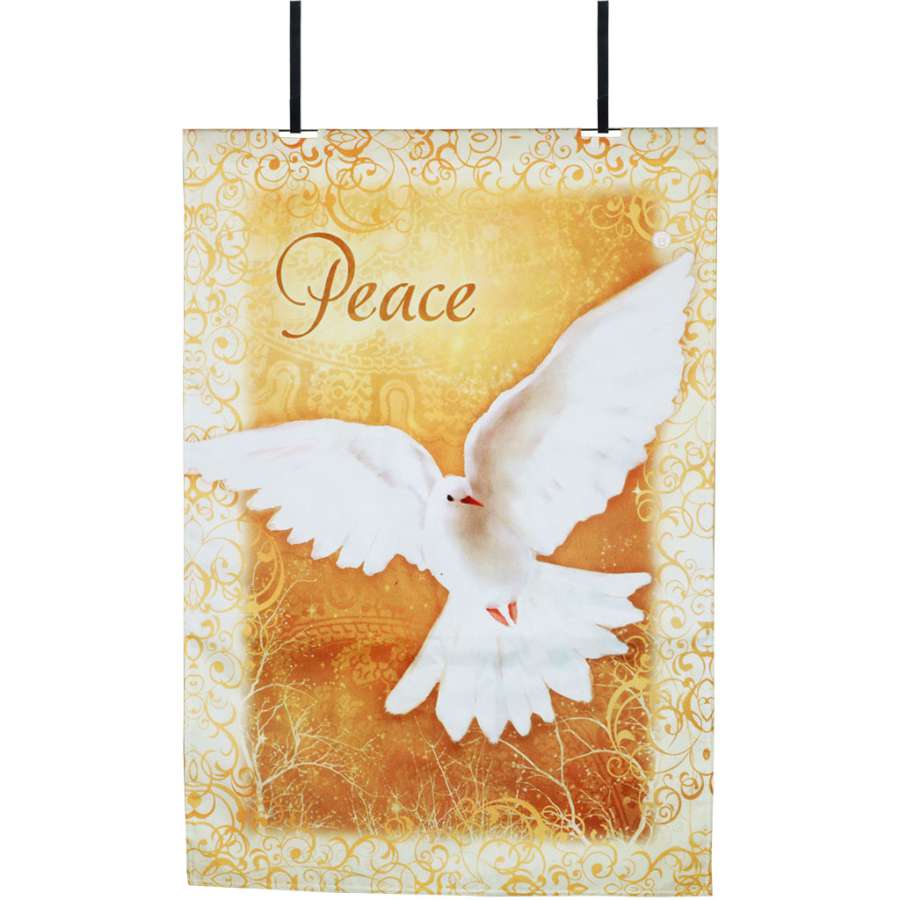 28 in. Heaven Peace fiber optic door flag hanging elegantly over a front door, radiating warmth and holiday spirit.