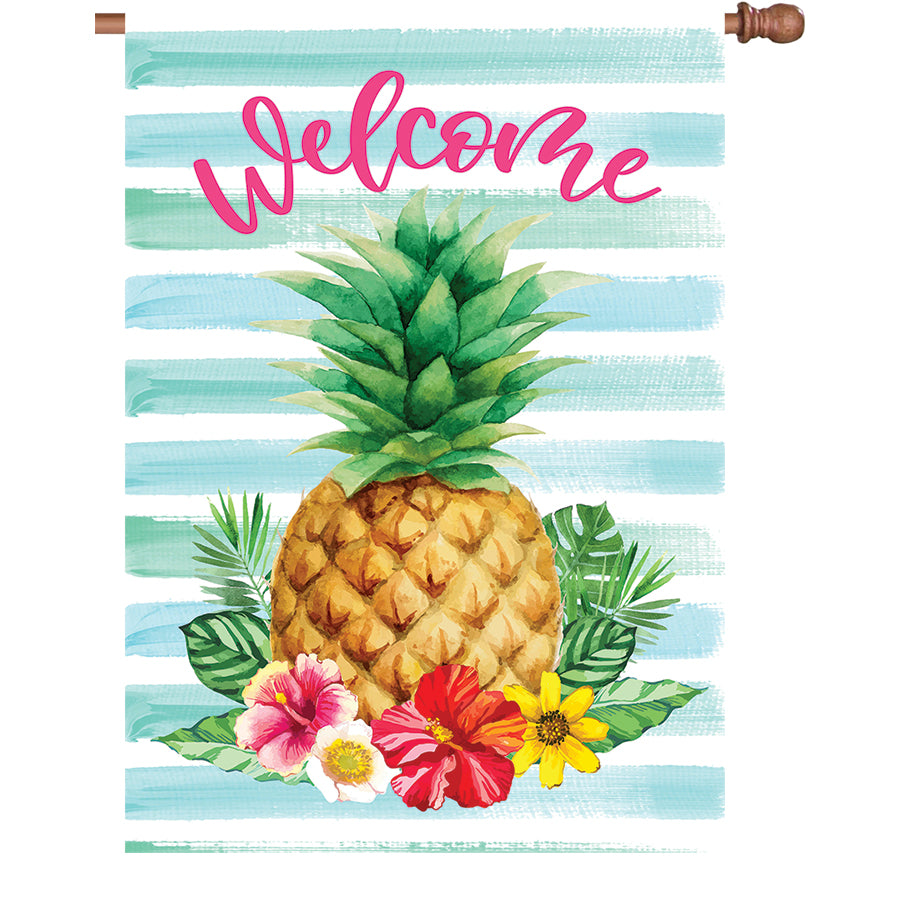 28 in. Hibiscus Pineapple flag made of soft PremierSoft fabric, featuring vibrant hibiscus flowers and a pineapple design, displayed on a flag pole.
