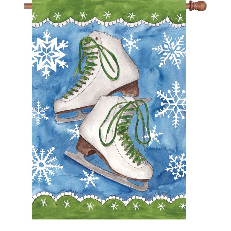 28 in. Ice Skates and Snow illuminated flag displayed outdoors, featuring bright colors and a winter theme, creating a cheerful ambiance.